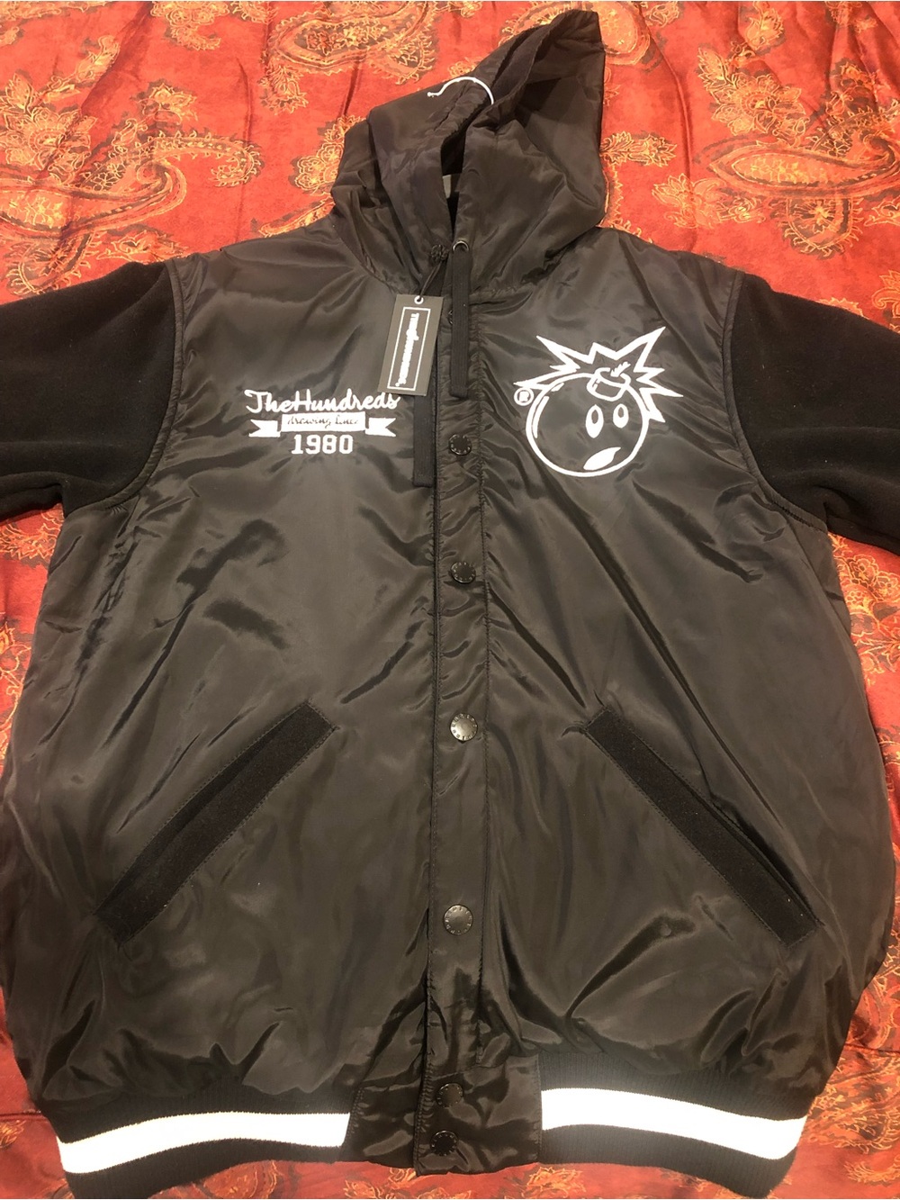 The Hundreds Black Hooded Satin Bomber with White Logo Accents